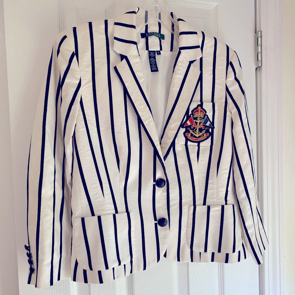 Ralph Lauren navy stripe white crest cotton linen blazer jacket women medium